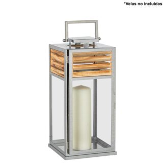 Farol Portavelas 44cm Metal Cromado/madera 20x21x44cm