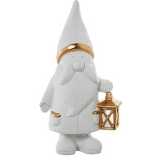 Figura Cerámica Duende Con Farol Blanco/oro 24x16x45cm