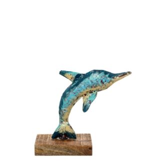 Figura Delfín Hierro 23cm C/base Madera 27x10x23cm