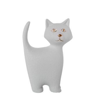 Figura Gato 27cm Ceramica Blanco/oro Acabado Arena 17x8x27cm
