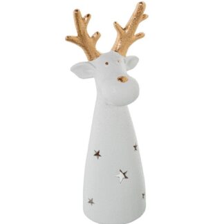 Figura Portavelas Ceramica Ciervo Blanca/oro Ø13x42cm