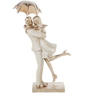 Figura Resina Pareja C/paraguas Beige Arena/dorado 16x8x25cm
