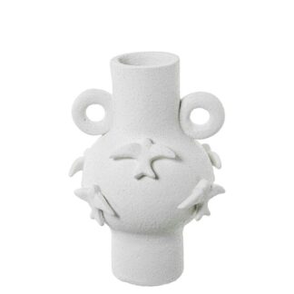 Jarron Asas Golondrinas Ceramica Blanco Acabado Arena 15x26cm