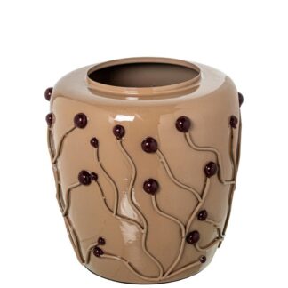 Jarrón Metal Marrón Brillo Decorado Ø36x36cm Boca:ø19cm