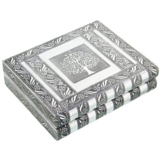 Joyero Metal Plateado C/espejo Árbol De La Vida 27x21x7cm