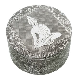 Joyero Metal Plateado Redondo Deco. Buda Ø12x7cm