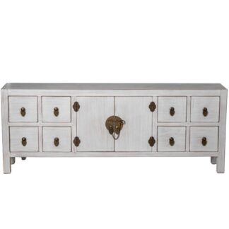 Mesa Tv C/8 Cajones Y 2 Puertas Madera Blanca Decapé 130x24x50cm Dm+paulownia