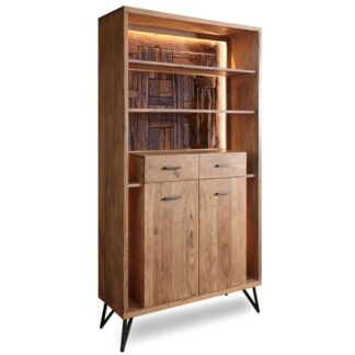 Mueble Entrada Madera Acacia C/2 Cajones+2 Puertas C/luz Led 115x40x195cm, Patas De Hierro