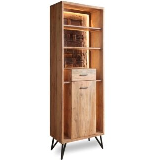 Mueble Entrada Madera Acacia C/cajón Y Puerta, C/luz Led 72x40x195cm, Patas De Hierro