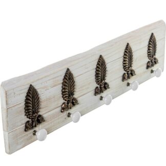 Perchero Madera C/5 Ganchos Cerámica Blanca Y Adornos Metal 76x7x18cm