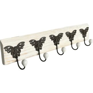 Perchero Madera C/5 Ganchos Metal+cerámica Blanca 76x8x15cm