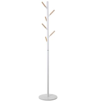 Perchero Metal Blanco 6 Pomos Madera Natural C/base Mármol Ø34x172cm, Grosor:1,5cm