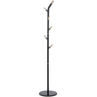 Perchero Metal Negro 6 Pomos Madera Natural C/base Mármol Ø34x172cm, Grosor Base:2cm