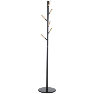 Perchero Metal Negro 6 Pomos Madera Natural C/base Mármol Ø34x172cm, Grosor:1,5cm