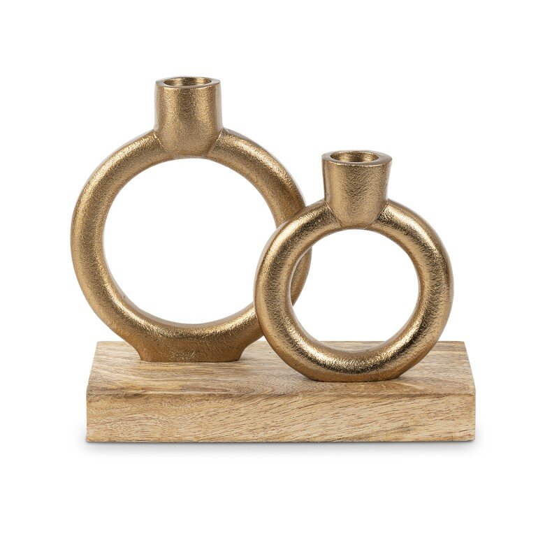 Portavelas Metal Dorado C/base Madera 20x18x7cm, Para 2 Velas