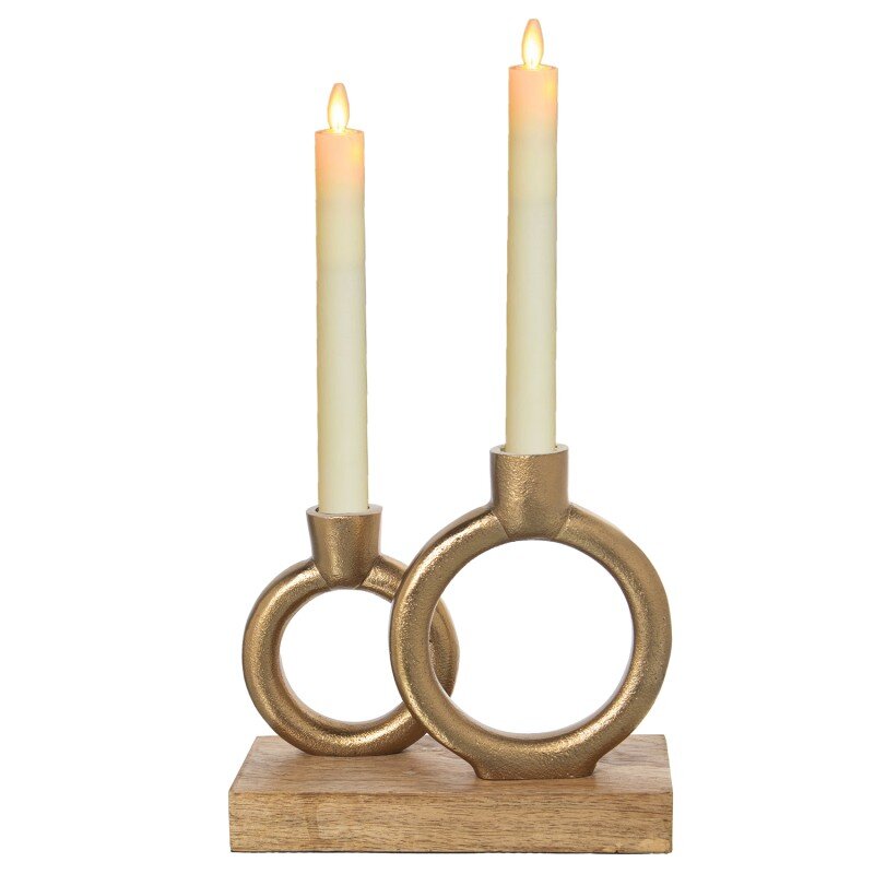 Portavelas Metal Dorado C/base Madera 20x18x7cm, Para 2 Velas - Image 2