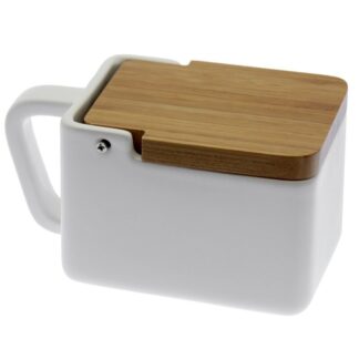 Salero Cerámica Blanca Tapa Madera 17x9x9 Cm