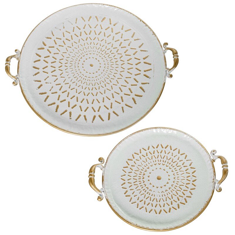 Set 2 Bandejas Decorativas Metal Blanco/oro 56x49x6,5cm+39x32x6cm