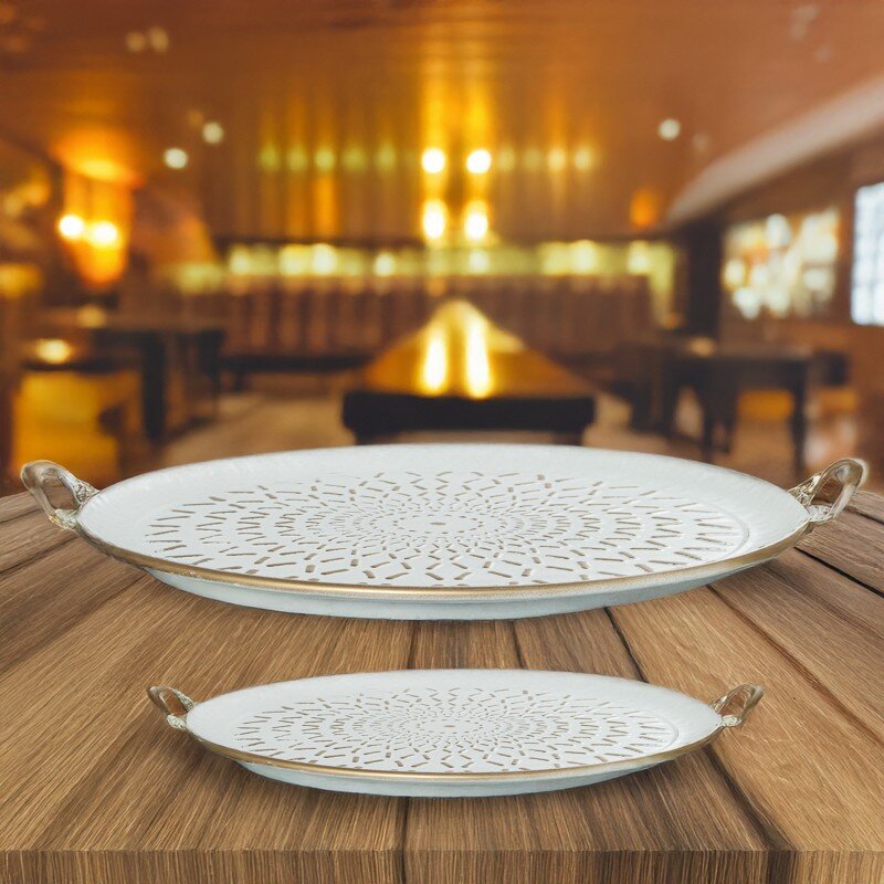 Set 2 Bandejas Decorativas Metal Blanco/oro 56x49x6,5cm+39x32x6cm - Image 2