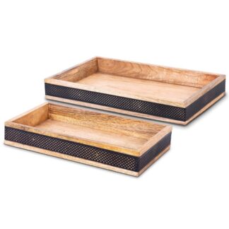 Set 2 Bandejas Madera/metal Negro Rectangulares Decorativas 38x23x5+30x20x5cm