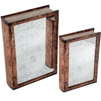 Set 2 Cajas Libro Madera Dm C/espejo, Interior Terciopelo 30x20x7+24x16x5cm
