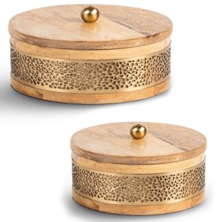 Set 2 Cajas Madera/metal Dorado Ø20x8+ø15x8cm