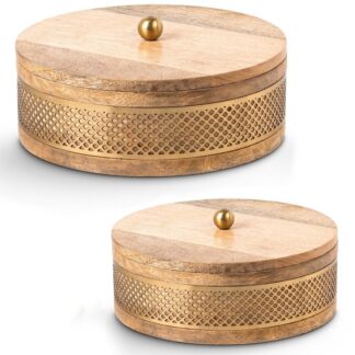 Set 2 Cajas Madera/metal Dorado Ø20x8+ø15x8cm