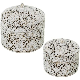 Set 2 Cajas Metal C/tapa Blanco/oro 20,5x20,5x19+17x17x16cm