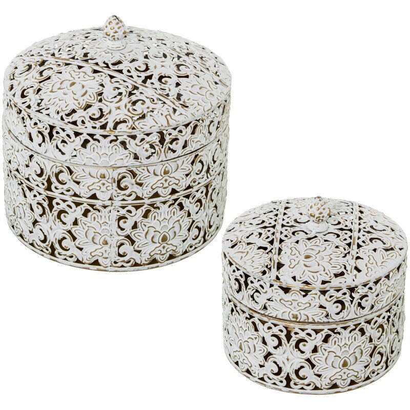 Set 2 Cajas Metal C/tapa Blanco/oro 20,5x20,5x19+17x17x16cm