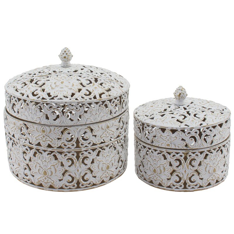 Set 2 Cajas Metal C/tapa Blanco/oro 20,5x20,5x19+17x17x16cm - Image 6