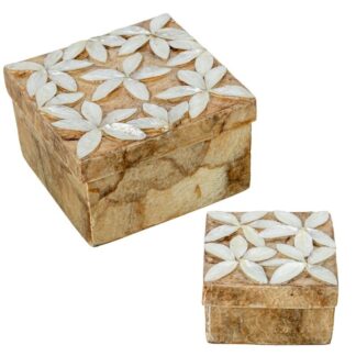 Set 2 Cajas Nacar Flores Relieve Natural/tostado 13x13x8+9x9x6cm