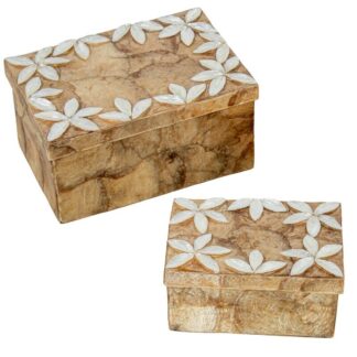 Set 2 Cajas Rect. Nacar Flores Relieve Natural/tostado 21x14x10+16x11x8cm