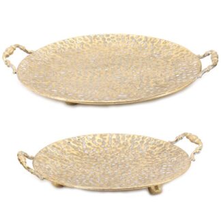 Set 2 Centros De Mesa Bandeja Metal Dorado 41x35x7,5+35x30x7cm