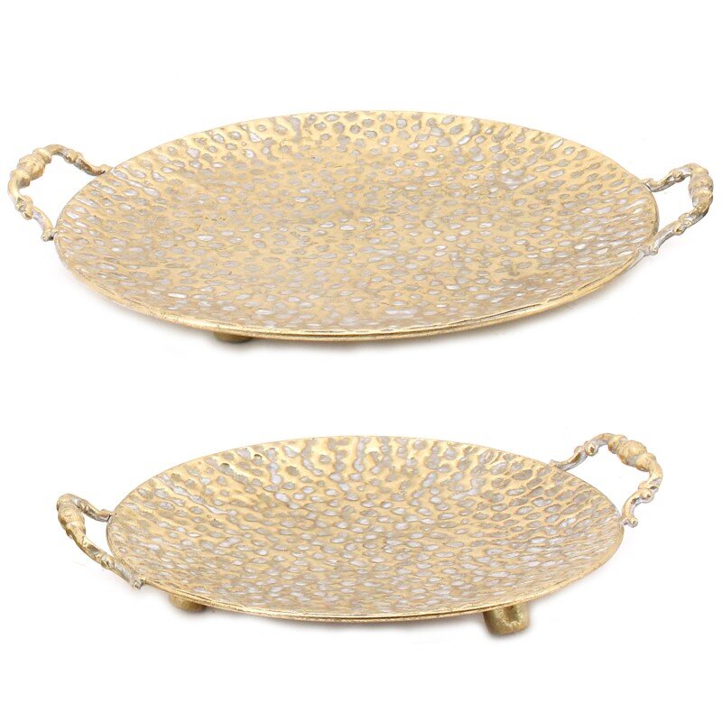 Set 2 Centros De Mesa Bandeja Metal Dorado 41x35x7,5+35x30x7cm