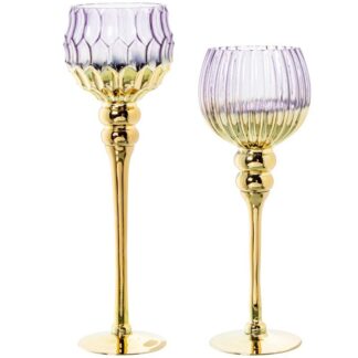 Set 2 Copas 23209 Portavelas Cristal Morado/dorado Ø10x36+ø10x40cm