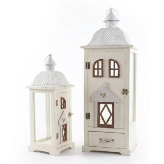 Set 2 Faroles Madera Blanca Parte Superior Metal 25x25x76+18x18x51cm