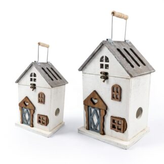 Set 2 Faroles Madera C/luz Casas Blancas, Tira Leds 26x21x45+19x14,5x32cm, 2xaaa