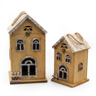 Set 2 Faroles Madera C/luz Casas Ocre, Tira Leds 22x23x44+17x17x32cm, 2xaaa No
