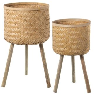 Set 2 Maceteros Bambu Natural C/patas Madera Abeto Ø35x63cm+ø30x55cm