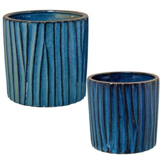 Set 2 Maceteros Cerámica Azul Lacado C/rayas Ø18x18+ø15x15cm