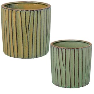 Set 2 Maceteros Cerámica Verdelacado C/rayas Ø18x18+ø15x15cm
