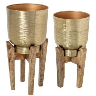 Set 2 Maceteros Metal Dorado Base Madera Ø25x46cm / Ø20x38cm