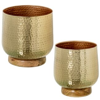 Set 2 Maceteros Metal Dorado Base Madera Ø26x28cm / Ø23x26cm