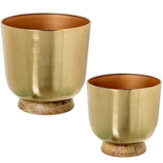 Set 2 Maceteros Metal Dorado Base Madera 30x30x30 / 25x25x25 Cm.