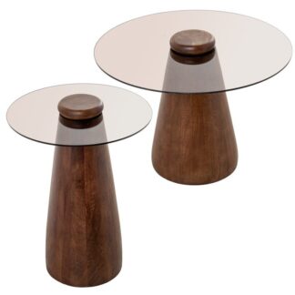 Set 2 Mesas Auxiliares Base Madera Sobre Cristal Ø41x53cm / Ø56x40cm