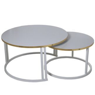 Set 2 Mesas Centro Madera Blanca Patas Metal Blanco Ø80x43+ø60x38cm, Canto Dorado