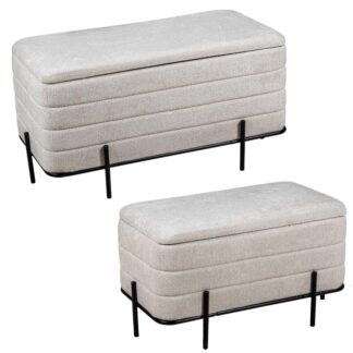 Set 2 Pufs Lino Beige C/patas Hierro, Armazón Madera Dm 94x50x47+74x42x40cm