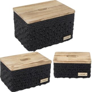 Set 3 Cajas Almacenamiento Tela Negra C/tapa Madera 35x26x21+31x21x16+25x15x12cm