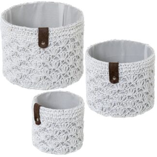 Set 3 Cestas Almacenamiento Tela Blanca Ø23x18+ø19x16+ø14x13cm