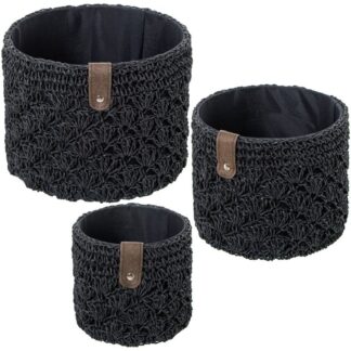 Set 3 Cestas Almacenamiento Tela Negra Ø23x18+ø19x16+ø14x13cm
